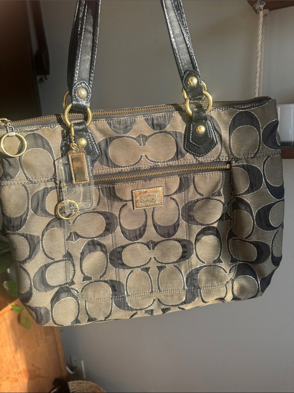 Coach Poppy Khaki and Black Signature Jacquard Tote with gold threading